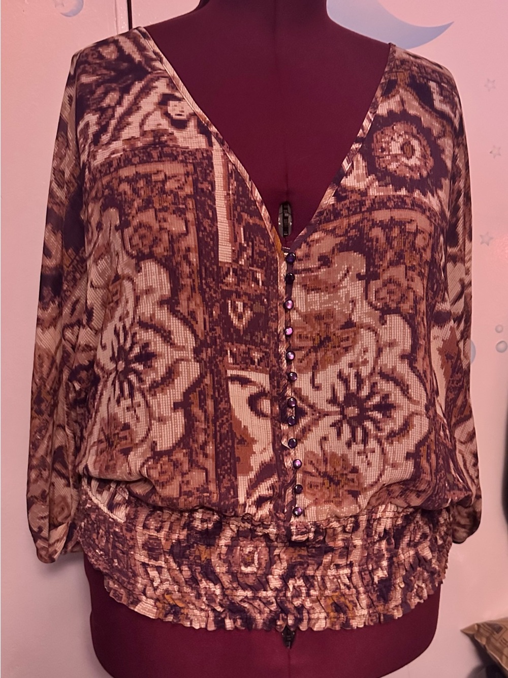 Y2K Route 66 Women’s Boho Printed V-Neck Blouse with Button Detail